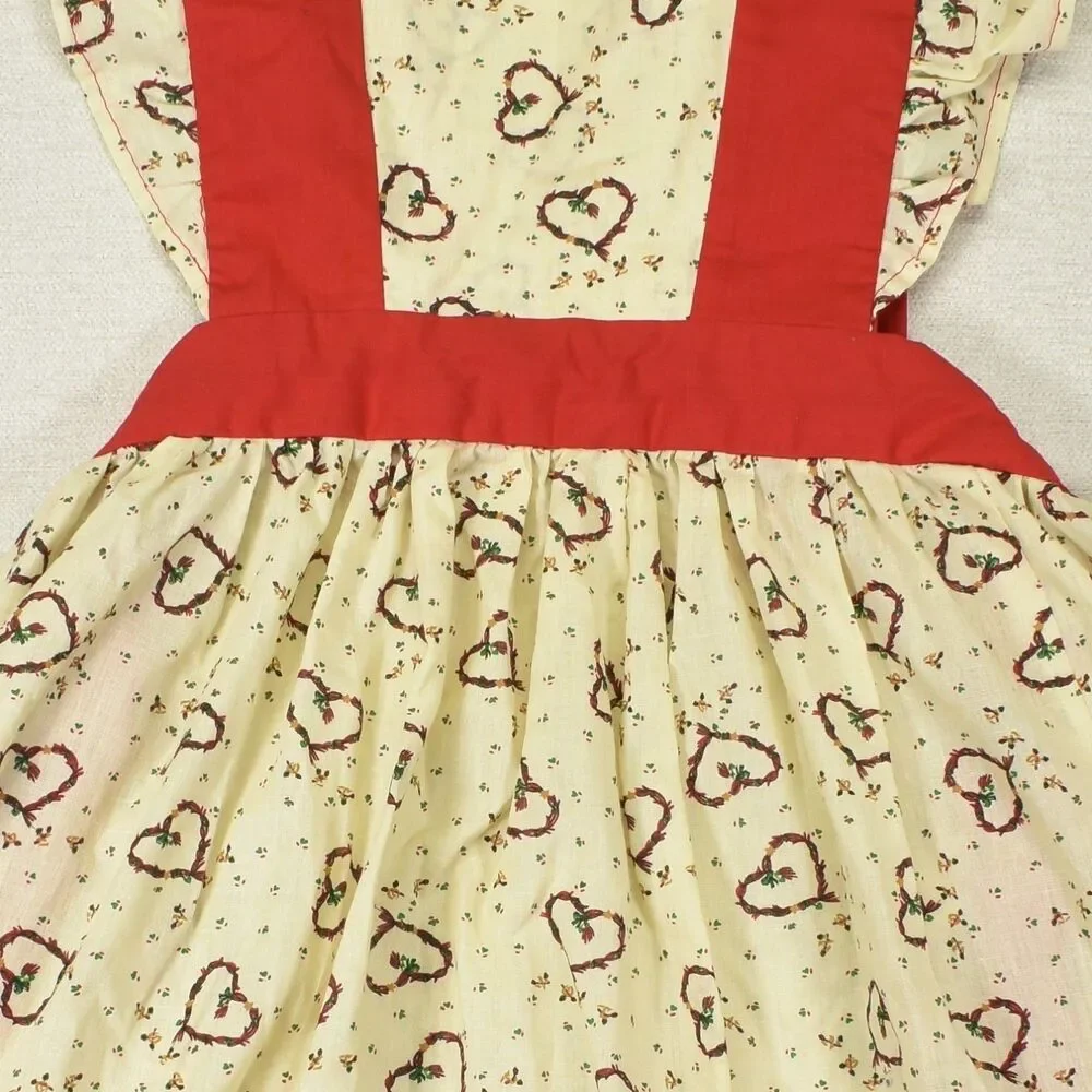 VTG Handmade Ruffle Pinafore Apron Cream Red Hearts Cottagecore Retro Kitchen